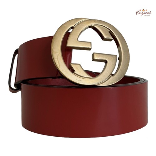 Autentica Cintura Gucci Pelle Rivestita Rossa Oro Incastro Fibbia G 85 34