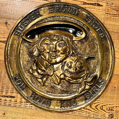 Buster Brown Shoes 17 1/2" Round Store Display Brass/Copper Toned Wall Plaque - Image 1 of 4