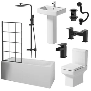 Complete Bathroom Suite Black Bath Shower Screen Basin Pedestal Toilet Taps 1700 - Picture 1 of 17