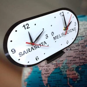 Bespoke Named Oval Two Time Zone Clocks & Desk Stand - Many Colour Choices - Picture 1 of 10