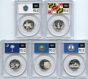 2000 CLAD State Flag 5-Coin (NH MD MA VA SC) Proof Set PCGS PR70 DCAM Quarters - Picture 1 of 6