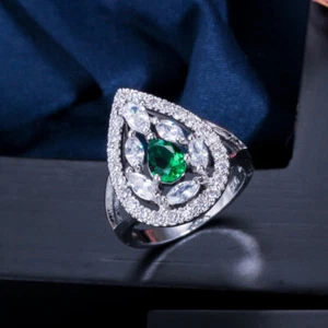 Charming Green Hollow Out Cubic Zirconia CZ Pear Ring for Brides Wedding Banquet - Picture 1 of 15