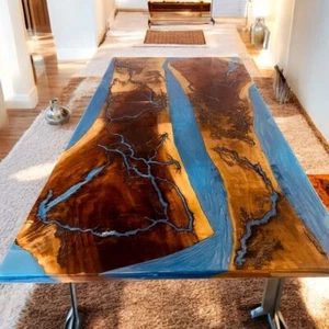 48"x30" Blue Epoxy Resin Center Sofa Dining Table Wooden Handmade Furniture Deco - Picture 1 of 8