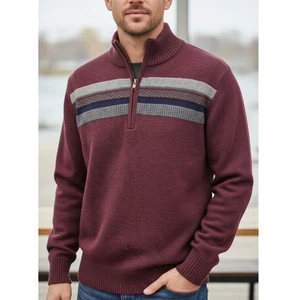 BANANA REPUBLIC Quarter 1/4 Zip Sweater Wool Italian Yarn Men L Burgundy Striped - Picture 1 of 13