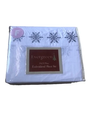 Evergreen 4 Piece Embroidered White Sheet Set W/Silver Snowflakes Full New - Image 1 of 4