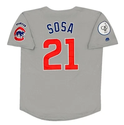 Camiseta Sammy Sosa 1998 Chicago Cubs gris carretera con parche "Harry Caray" grande para hombre Foto 1 de 4