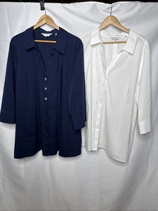Foxcroft 22W Button Down Top Lot 2 White Blue Long Sleeves Cotton Collar Set - Picture 1 of 9