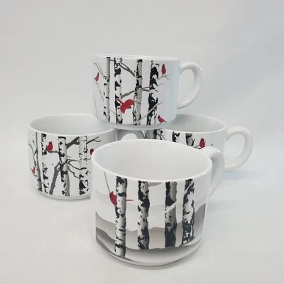 Set Of 4 White River Cardinal on Birch Tree Coffee Mugs Stackable - Image 1 of 4