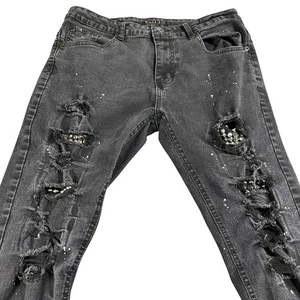 M Society Men's 36x32 Distressed Gray Wash Skinny Jeans Studded Rips Splatter - Picture 1 of 13