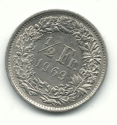 A HIGH GRADE AU 1969 SWITZERLAND  ONE HALF -1/2 FRANC COIN-NOV602 - Image 1 of 2