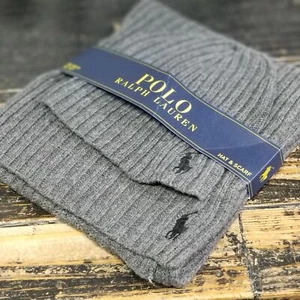Polo Ralph Lauren Men's 2 Piece Set Beanie Hat Scarf Gray/Black Lambswool Blend - Picture 1 of 2