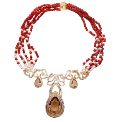 19' 5 Rows Cultured White Pearl Red Agate Statement Necklace Cz Pave Big Pendant - Image 1 of 4