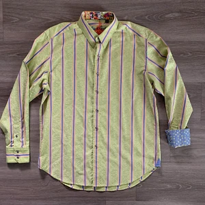 Robert Graham Button Up Shirt Mens Large Light Green Blue Striped Cotton Casual - Picture 1 of 10