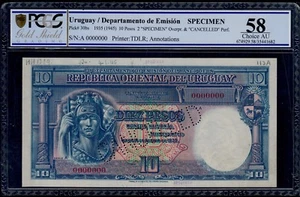URUGUAY SPECIMEN 10 PESOS L. 1935 PICK # 30bs PCGS 58 CHOICE AU. - Picture 1 of 2