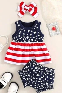 Baby Girls 4th of July Dress Stars Stripes Summer Independence Day NEW - Picture 1 of 6