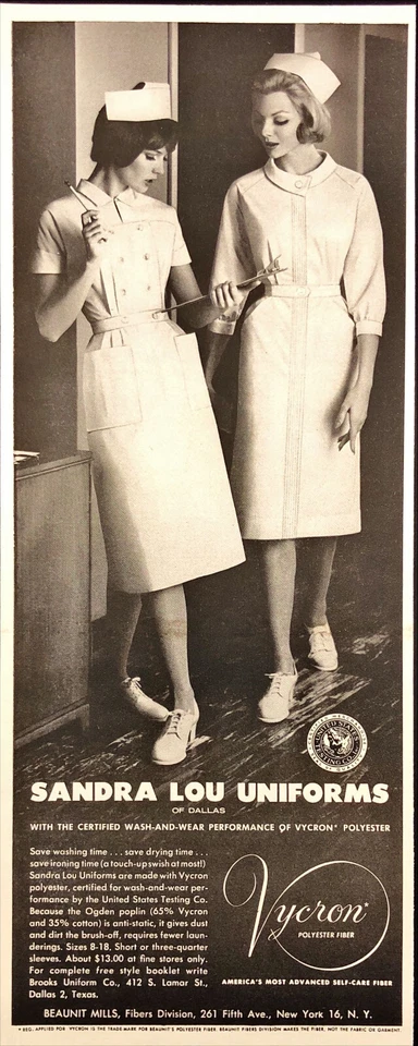 1961 Vycron 聚酯纤维 Sandra Lou 护士制服达拉斯复古印花广告 — 第 1/1 张图片