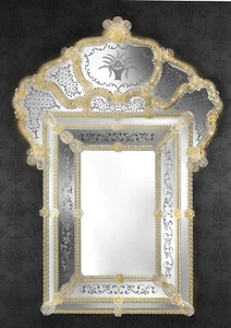 Specchio da parete verticale stile Impero  inciso cornice in Vetro di Murano oro - Picture 1 of 9