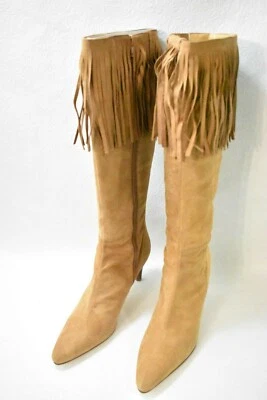 Amanda Smith Shoes Boots Tall Fringe High Heels Camel Suede Size 8.5 Women's New - Image 1 of 4