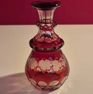 Bohemian Ruby Red Glass Perfume Bottle, No Stopper, Antique, Grape pattern - Picture 1 of 12