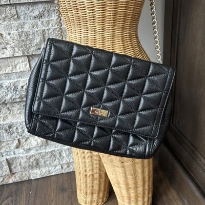 Kate Spade New York Flap Leather Crossbody Shoulder Bag Quilted Black Gold - Image 1 of 4