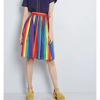{Modcloth} "Aspiration Creation" Rainbow Stripe Pride Knee Length Midi Skirt S - Image 1 of 4