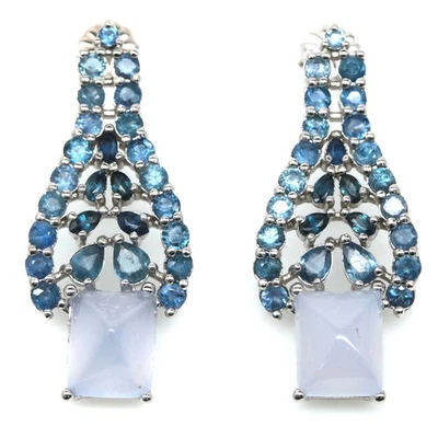 925 纯银 7 x 9 毫米。 薰衣草玉髓和蓝色蓝宝石耳环 — 第 1/4 张图片