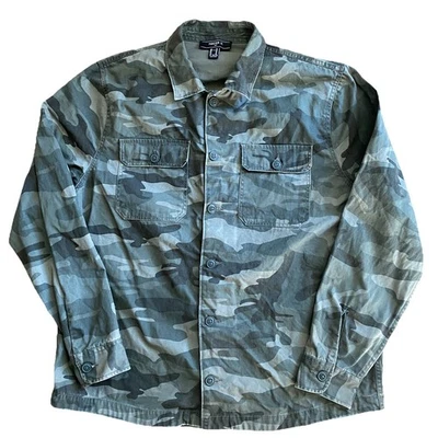 Forever 21 男式 XL 绿色迷彩纽扣衬衫夹克军用户外帆布 — 第 1/4 张图片