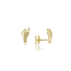 14K Solid Yellow Gold Footprint Stud Earrings - Foot Feet Women Men - Picture 1 of 3