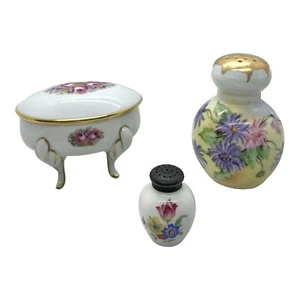 VINTAGE FLORAL LOT POWDER SHAKER, MINIATURE SALT/PEPPER SHAKER, AND TRINKET BOX - Picture 1 of 12