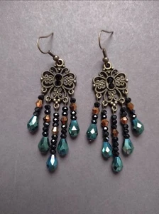 Earrings Handmade Gold Iridescent Green Bronze and Black Chandelier Drop Dangle - Picture 1 of 1