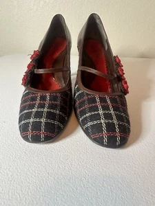 Isabella Fiore Mary Jane Red Flowers, Plaid Upper Brown Leather Heel Size 8.5M - Picture 1 of 5