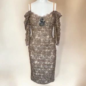 Mandalay Y2K Brown Bodycon Floral Lace Embellished Sequins Off Shoulder Dress - Picture 1 of 6