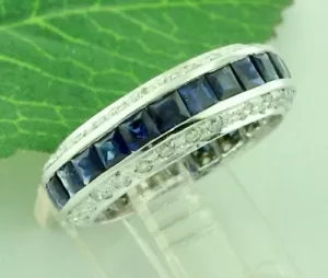 14k Solid White gold Natural Blue Sapphire & Diamond ring Eternity - Picture 1 of 6