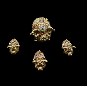 Enameled 10k Gold Plated Hinged Lid Trinket Box Bejeweled Pig with Piglets - Picture 1 of 19