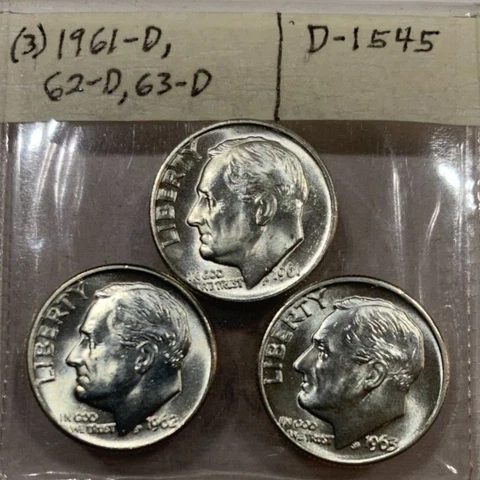 1961-D 1962-D 1963-D Roosevelt Dime Run BU ~ 90% Silver ~ 3 Uncirculated Coins Cover