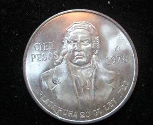 MEXICO, CIEN PESOS, SILVER, 1978 BRIGHT UNCIRULCATED CONDITION - Picture 1 of 2