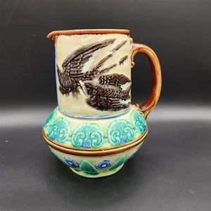 19th Century Antique Majolica Pitcher Vase  Mouzin Lecat Bird Sunshine Botanical - Picture 1 of 14
