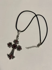Gothic Cross Pendant on a Black Cord Necklace Victorian Retro Vintage Style - Picture 1 of 8