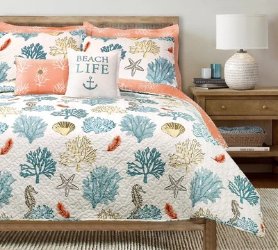 Coastal Reef Feather Reversible Quilt Set, 7 Piece Set, King, Blue & Coral - ... - Image 1 of 4