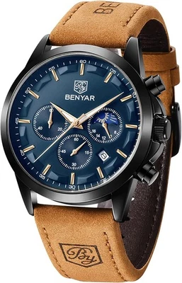 BY BENYAR Relojes Hombre Analógicos Cuarzo Cronógrafo Impermeable Marrón Negro Azul  Foto 1 de 4