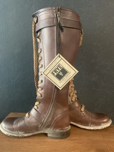 Frye Melissa Sz 8.5 Tall Lace Up Women Cognac Riding Boots  Moto Military Boots - Picture 1 of 8