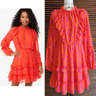 New Scoop Long Sleeve Ruffle Leopard Print Pink Orange Mini Dress Size Large