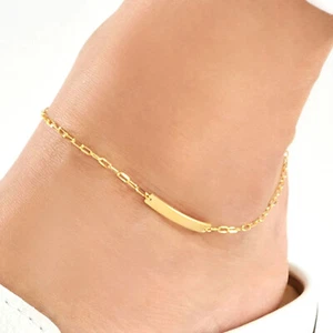 Engravable 14K Real Gold Personalized Paperclip Chain ID Ankle Bracelet 10" - Picture 1 of 9