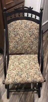 Antique Wood Upholstered Folding Chair - Image 1 of 4