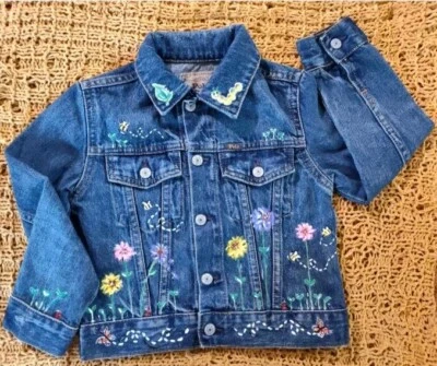 Kid's Denim Jacket Hand Painted Decorated  Flowers  Size5 - Image 1 of 4