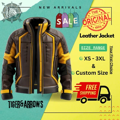 Chaqueta de cuero para hombre amarillo marrón | Abrigo acolchado de piel de oveja genuina con cuello alto Foto 1 de 3