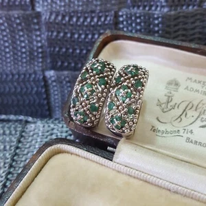 Vintage 925 Sterling Silver Hoop Earrings, Brazilian Emeralds Earrings, 1.41ct - Picture 1 of 8