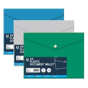 A4 Plastic Document Wallets - 3 Pack Project Homework School File Protect Stud - Picture 1 of 1