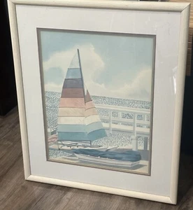 Framed Print Sailboat Sailing Pastel Coastal Seaside Rainbow Signed - Picture 1 of 9