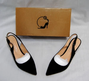 Divanne Women's Slingback Pointed Toe Kitten Heel Pumps Black Suede New T2340 - Picture 1 of 19